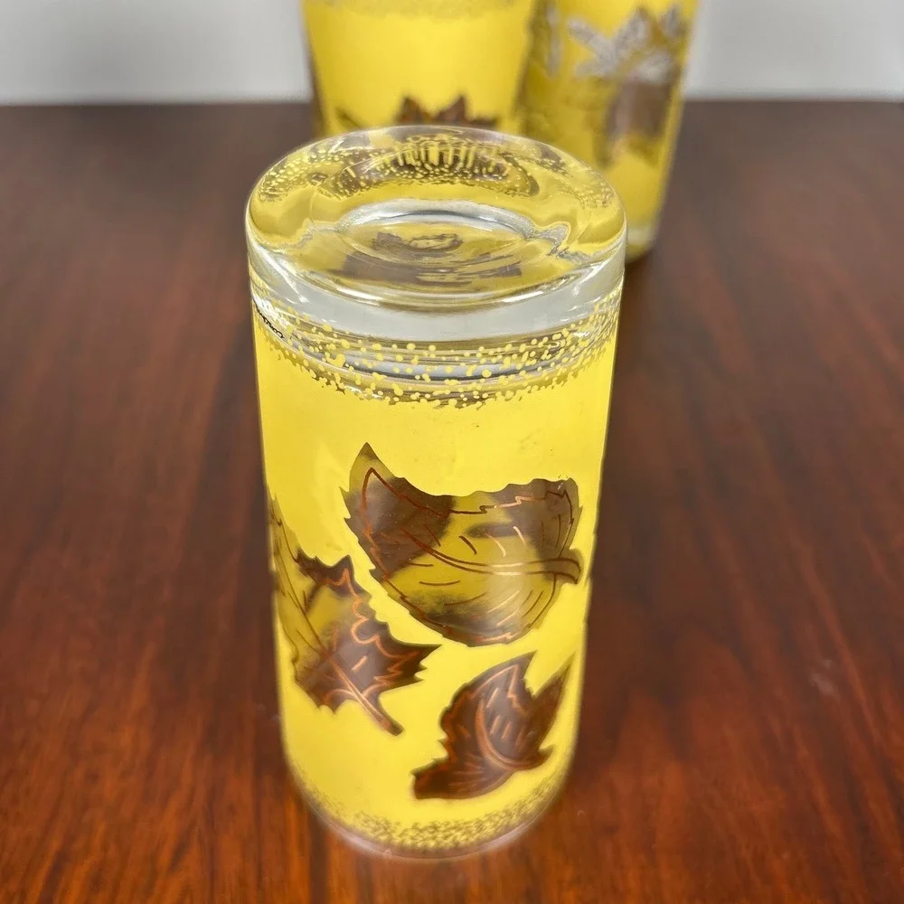 Libbey Glasses Yellow Frosted Highball Copper Leaf MCM Retro Barware THREE 1950s